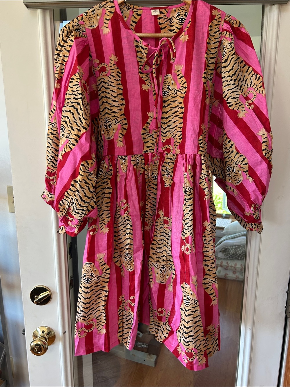 Bright Pink Tiger-Print Mini Dress with Puff Sleeves. Hand made from Etsy. New